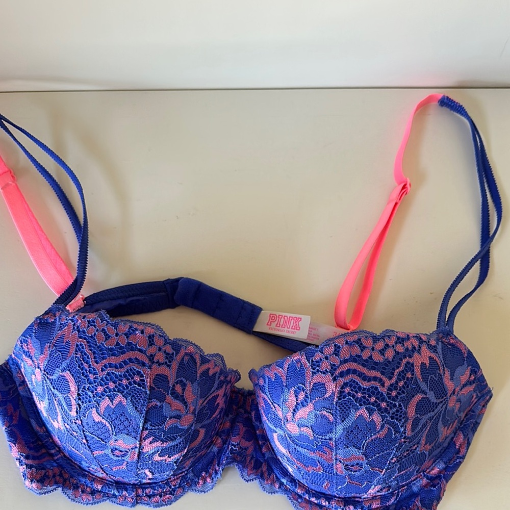 Victoria's Secret Navy Blue Lace Bra with Coral Accents